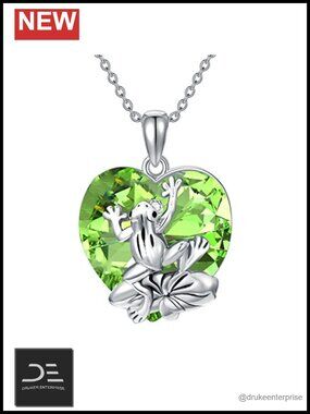 Sterling Silver Frog Pendant Necklace with Heart Crystal for Women